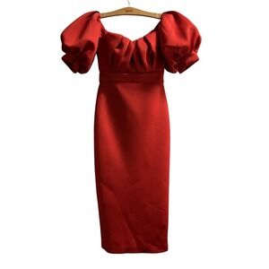 Badgley Mischka Dress Womens 8 Red Fitted‎ Ruched Bodice Puff Sleeves Gown Gala
